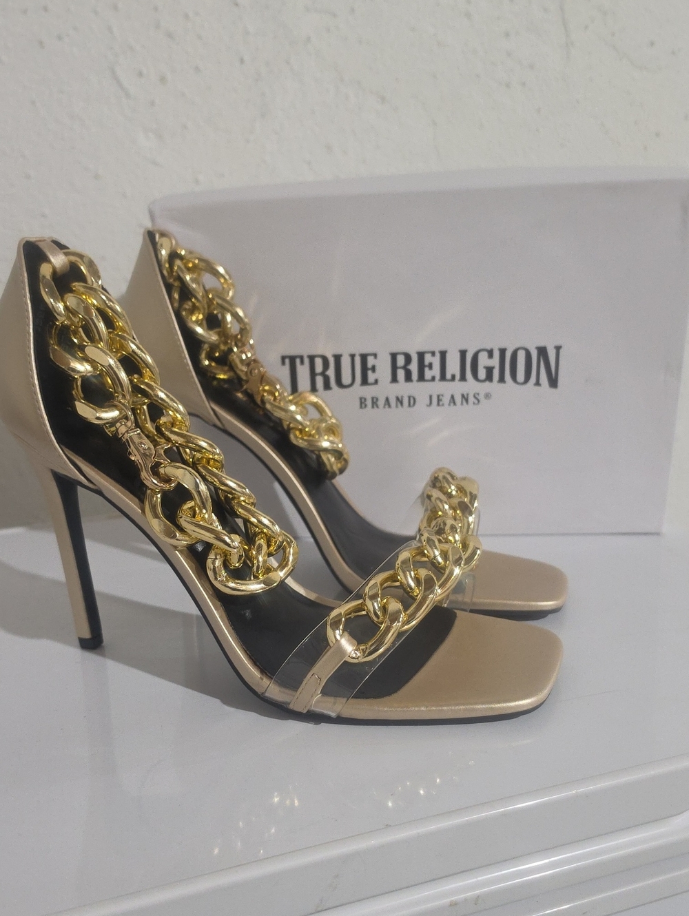True Religion Milagros Gold Chain Stiletto Sandals sz. 11